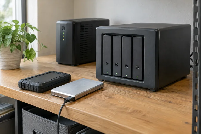 Illustrative four-bay backup storage appliance with external drives and a battery backup