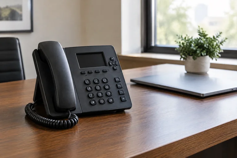 Illustrative business VoIP desk phone with a handset and coiled cord beside a laptop