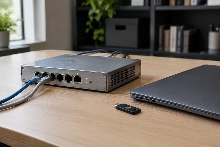 Illustrative network security appliance and physical security key beside a business laptop