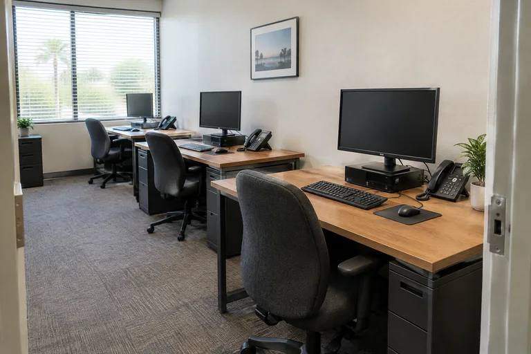 Illustrative small-business office with organized computers, desk phones, and workstations