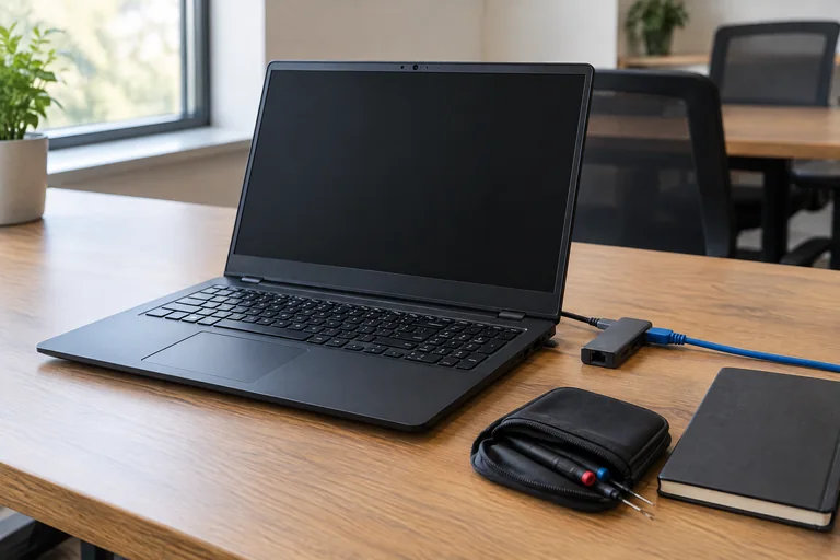 Illustrative IT troubleshooting desk with a laptop, Ethernet adapter, and precision tools