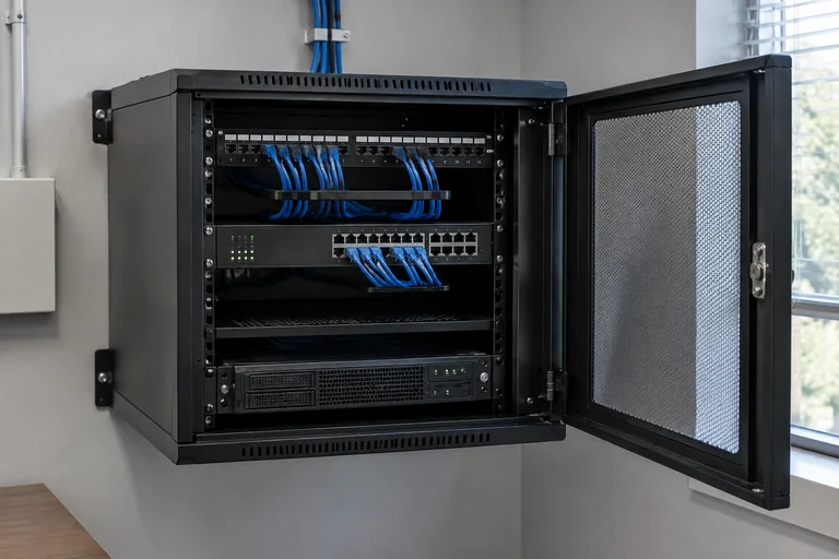 Illustrative office network cabinet with a server, switch, and organized blue patch cables