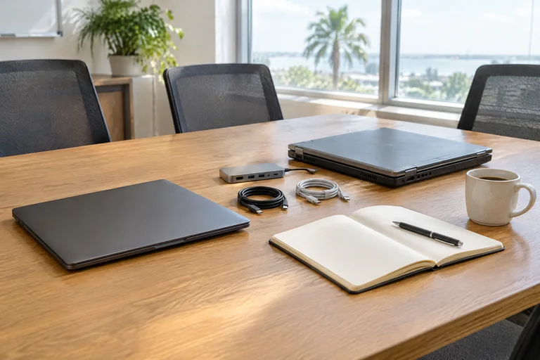 Illustrative technology planning table with business laptops, a dock, cables, and a notebook